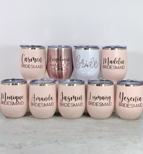 FINAL SALE. Bridal Party Wine Tumbler w/Matching Straw White Bride Tumbler pictured is a separate listing and price. Please list in notes the following: 1. Bridesmaid/Maid of Honor 2. Name 3. Color of Font you prefer or you can leave it up to me to do what color looks best on the tumbler color you chose. 4. NOTE because this is a custom order please allow 7 business days. Product Dimensions 4.5" H x 3.25" Diameter Hot/Cold Hand Wash Recommended Temp Rating Up to 212 degrees Wedding Cups For Bridal Party, Wine Tumbler Bridesmaid Gift, Bridal Party Wine Tumblers, Bachelorette Wine Tumblers, Bridesmaid Proposal Tumbler, Bridesmaid Gifts Glassware, Bridal Party Cup Ideas, Bridesmaid Wine Tumbler, Cute Bridal Party Gifts