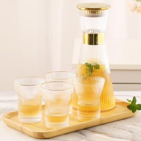 DUJUST Ribbed Glass Carafe Set, Elegant Water Carafe with Gold Decoration, 1 Crystal Glass Carafe with Golden Lid (44oz), 4 Cups & 1 Tray, with Thickened Bottom, Food-Grade Silicone, Leak-Proof Golden Decoration, Carafe Set, Water Carafe, Glass Carafe, Ribbed Glass, Crystal Glass, Tray, Water, Glass