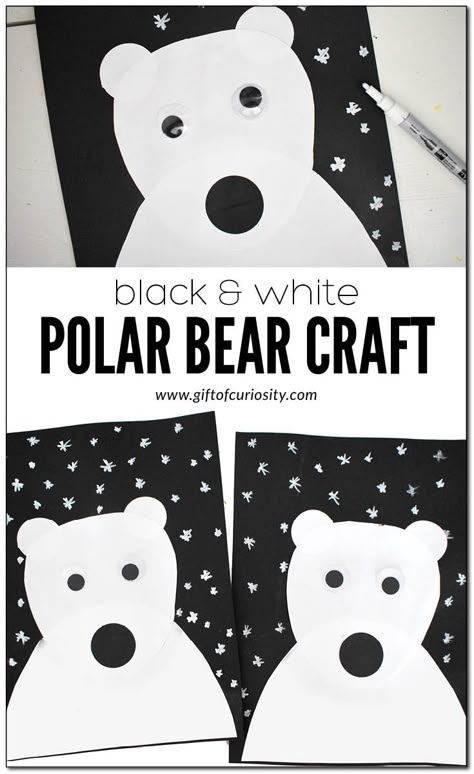 Black and white polar bear craft for kids - Gift of Curiosity Polar Bear Craft Template, Bear Art Preschool, Animal Unit Study, Polar Bears Preschool, Bear Crafts Preschool, Winter Animals Preschool, Polar Bears Activities, Arctic Animals Preschool, Arctic Animals Crafts