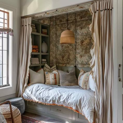 bedroom nook japandiroc Daybed Nook Ideas, Reading Nook Guest Room, Sleeping Nooks For Adults, Built In King Bed Nook, Cozy Bed Nooks Built Ins, Closet Turned Into Bed Nook, Day Bed Nook, Bed Nook Aesthetic, Bed Alcove Ideas