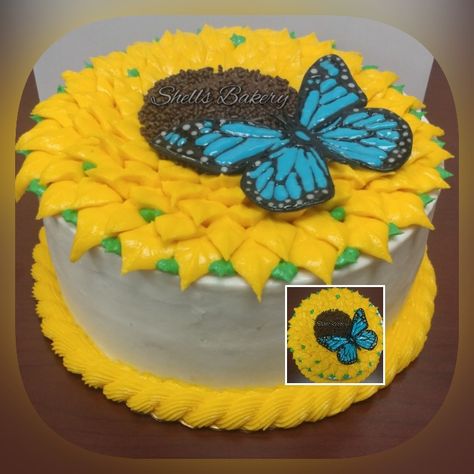 Sunflower Cake with Blue Butterfly.  Marble cake covered in vanilla frosting, middle of flower is an Oreo with melted chocolate and chocolate sprinkles. Butterfly made out of royal icing.  @ShellsBakeryFL Sunflower And Butterfly Cake Birthday, Sunflower And Butterfly Cake, Butterfly Cake Birthday, Butterfly Smash Cake, Sunflower Cake, Birthday Plans, Sunflower Butterfly, Butterfly Cake, Baking Recipe