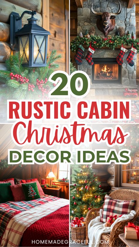 rustic cabin christmas decorating ideas Rustic Cabin Lamps, Cozy Cabin Party Decor, Lodge Christmas Decor Cozy Cabin, Camp Style Decor, Rustic Cabin Kitchen Decor, Country Christmas Decorations Diy, Log Cabin Christmas Decor, Diy Rustic Christmas Decorations, Rustic Cabin Christmas