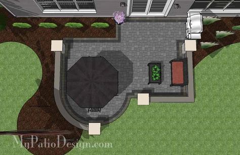 Simple Outdoor Patio Design with Seating Walls | Downloadable Plan – MyPatioDesign.com Patio Dimensions Design, Patio And Fire Pit Ideas, Concrete Patio Layout, Patio With Fire Pit, Patio Plan, Concrete Patio Ideas, Patio Blocks, Outdoor Grill Station, Patio Plans