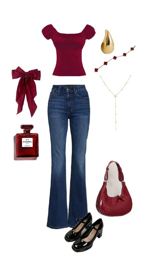 ❤️❤️ Bright Red Top Outfit, Dark Red Shirt Outfit, Red Tube Top Outfit, Red Top Outfit, Flare Jeans Outfit, Downtown Outfits, Outfit Inspo Casual, Everyday Fashion Outfits, Casual Day Outfits