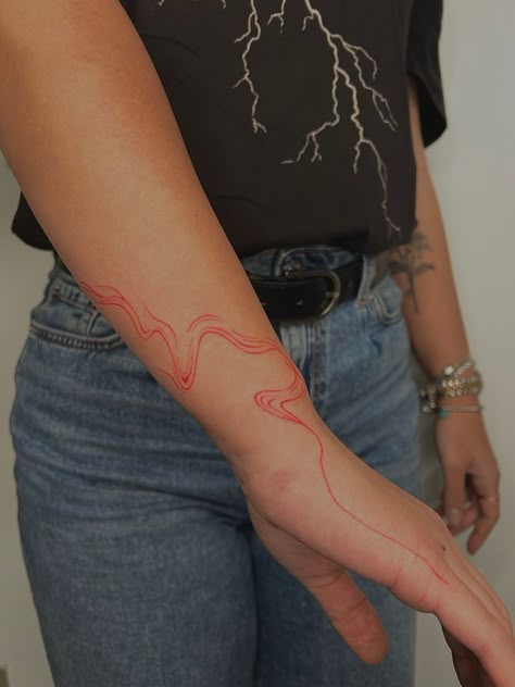 Red Ink Swirl Tattoo, Red Abstract Line Tattoo, Red Ink Line Work Tattoo, Red Ink Flower Tattoo Arm, Line Swirl Tattoo, Red Wavy Lines Tattoo, Abstract Arm Wrap Tattoo, Red Line Finger Tattoo, Wavy Line Tattoo Arm