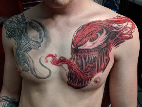 Carnage by Jesse Boren, adding background to join them in a few months. Carnage Tattoo, Jesse Tattoo, Venom Tattoo, Tattoo Work, Venom, Skull Tattoo, Tattoos