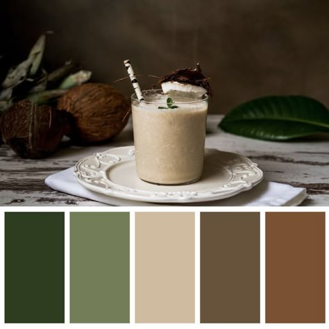 Green Biege Colour Palette, Greens And Browns Palette, Forest Green Color Palette Bedroom, Colours That Go With Brown, Cafe Color Scheme, Cafe Color Palette, Cafe Palette, Natural Colour Scheme, House Color Palettes