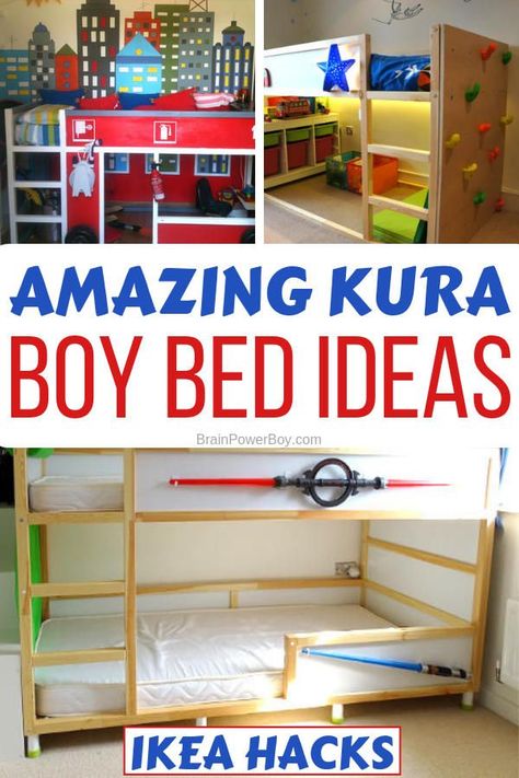 Kura Bed IKEA Hacks for Boys Rooms That Are Super Cool! You have to see these awesome beds! Fun Boy Beds, Fire Truck Bunk Bed, Kura Bed Rail, Bunk Bed Transformation Ideas, Ikea Kura Bed Storage, Toddler Boys Bunk Beds Room Ideas, Ikea Kura Bed Boys Room, Ikea Kura Bed Hack Boys, Kura Bed Ideas For Boys