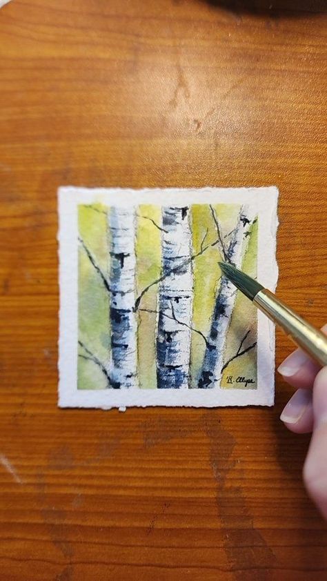 Miniature aspen watercolor painting. 2.75x2.75 on Arches 300lb cold pressed watercolor paper. : : #watercolorreel #watercolor #paintingreels #watercolorpainting #aspentrees #learntopaint | Ellyse's Studio Arts | Slovak Radio Symphony Orchestra · The Watermill Watercolor Aspen Trees, Watercolor Aspens, Aspen Watercolor, Watercolour Trees, Aspen Trees Painting, Paint Trees, Mini Watercolor, Aspen Art, Reflection Photos