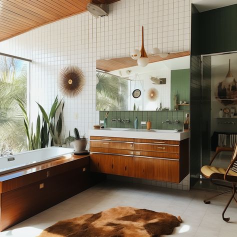 Timeless Powder Room, Mid Century Modern Bathroom Ideas, 70s Interior Design, Modern Bathroom Ideas, 70s House, 70s Interior, Mid Century Modern Bathroom, 70s Home, Midcentury Home