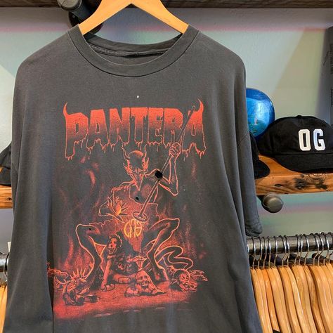 Vintage By Round Two on Instagram: “90s Pantera tee  Size L” Pantera Wallpaper Band, Metal Bands Tshirt, Vintage Metal Band Shirt, Vintage Deftones Shirt, Vintage Nu Metal T Shirts, Dark Style, Black And White Sketches, Round Two, Band Tees