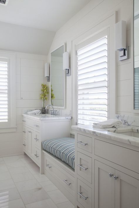 Stunning master bathroom centers on a built-in window seat lined with a blue… Custom Window Seat, Bathroom Bench, Beach Style Bathroom, Bathroom Window, Window Benches, Cottage Bathroom, Bad Inspiration, Room Window, Bathroom Remodel Shower