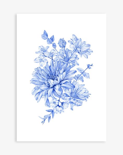 A3 Size Drawings, Blue Flower Drawing, Blue White Painting, Flowers To Draw, Blue Paintings, Loose Bouquet, Blue Flower Art, Blue And White Design, Botanical Drawing