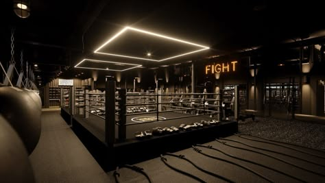 Modern Boxing Gym, Training Room Combat Aesthetic, Luxury Boxing Gym, Boxing Interior Design, Home Boxing Gym, Boxing Gym Design, Boxing Studio, Box Sport, Gym Architecture