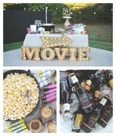 Outdoor Movie Night 30th birthday party via Kara's Party Ideas KarasPartyIdeas.com Party supplies, desserts, food, cake, desserts, tutorials, and more! #movieviewingparty #outdoormovieparty #thirtiethbirthday #movieparty #outdoorpartyideas #outdoorparty (2) Diy Fotokabine, Outdoor Movie Party, Backyard Movie Party, Movie Night For Kids, Outdoor Movie Night, Movie Night Birthday Party, Backyard Movie Nights, Backyard Movie, Thirty Birthday