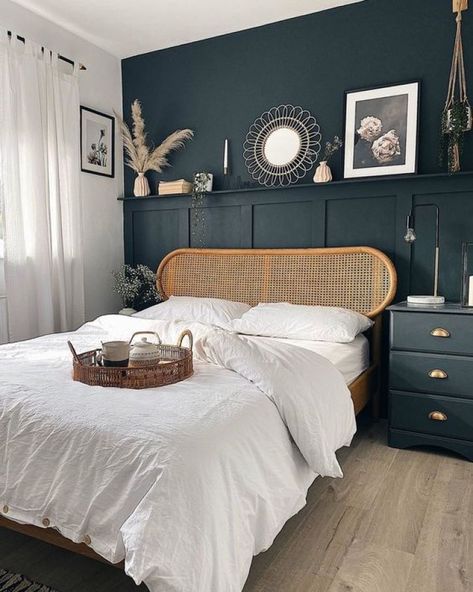 bedroom, colour, bedroom colour, color, colour inspiration, color inspiration, bedroom inspiration, bedding, shades, blue, green, pink, mustard, pink bedroom, grey bedroom, interiors, interior design, home decor Blue Bedroom Walls, White Linens, Bedroom Deco, Accent Wall Bedroom, Bedroom Panel, Bedroom Green, Small Room Bedroom, Blue Bedroom, Master Bedrooms Decor