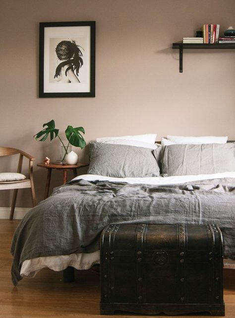 The mauve-meets-tan tone on Lucie and Philip's bedroom walls gives the room a depth that white paint couldn't. Try Benjamin Moore 1241 Morristown Cream Colour Wall, Tan Walls, Neutral Room, Bedroom Wall Paint, Rustic Bedding, Pink Bedrooms, Bedroom Paint Colors, Trendy Bedroom, Gray Bedroom