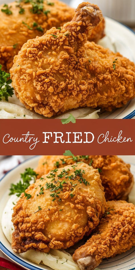 This Country Fried Chicken is the ultimate comfort food! Coated in a perfectly seasoned batter and fried to crispy perfection—just like Grandma used to make! Fried Chicken In Electric Skillet, Country Fried Chicken Recipe, Chicken Fried Chicken Recipe, Chicken Bryan, Fried Chicken Coating, Best Fried Chicken Recipe, Fried Chicken Batter, Country Fried Chicken, Chicken Fritters