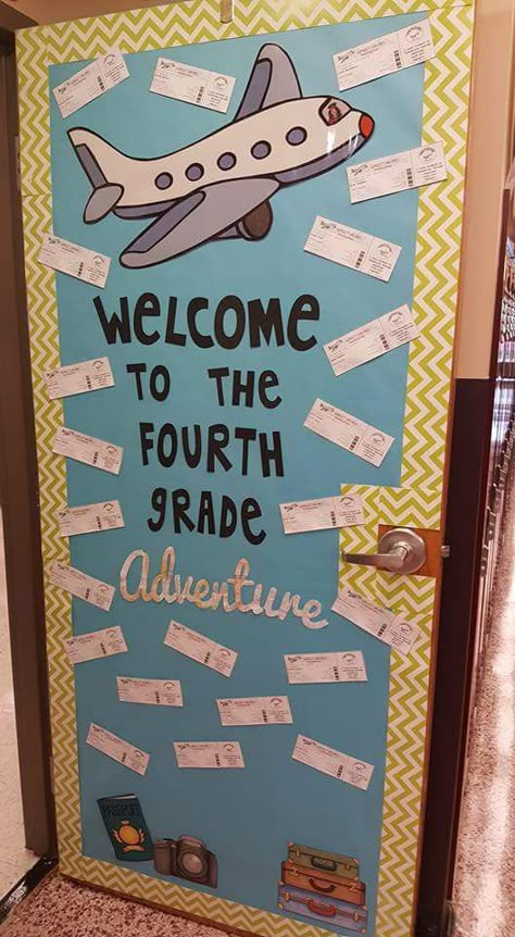 Decorating the classroom door with an airplane (with the teacher as captain) and students' boarding passes is a great way to set the stage for a travel theme. Classroom Door Decorations, Travel Theme Classroom, Elementary Classroom Themes, Around The World Theme, Teacher Doors, School Doors, Elementary Classroom Decor, Boarding Passes, Class Theme