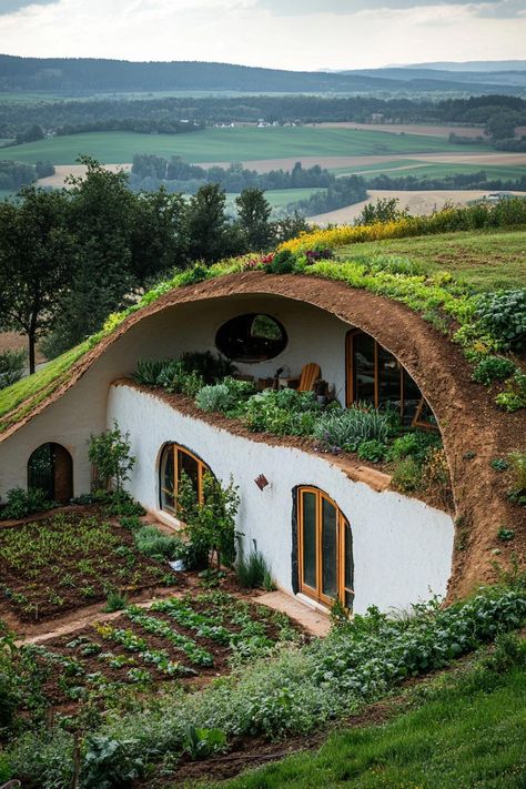 Discover stunning exterior ideas for earth sheltered homes that seamlessly blend with nature while keeping your house stylish and energy-efficient. Diy Earthship Home, Mud Brick House Exterior, Earth Pod House, Plant Covered Buildings, Houses That Blend In With Nature, Community House Design, Green House Green Roof, Earth House Plans, Natural Roof Ideas