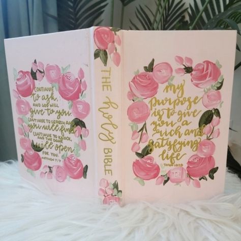 Handpainted Hardcover Pink and Green Custom NLT Bible Nlt Bible, Baby Pink Background, Bible Decor, Hope Light, Living Hope, Jesus Book, Hand Painted Bible, John 10 10, Vintage Numbers