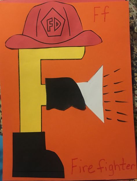 I used a template for the hat, boots, and the letter “F”. I made the hose and the glove to the hose. I used a blue marker to make the water instead of glitter. Letter F Fireman Craft, F Is For Firefighter, Fire Fighter Crafts Preschool Easy, Firefighter Hat Template, Fire Safety Preschool Crafts, Fireman Crafts, Safety Preschool, Letter F Craft, Firefighter Boots