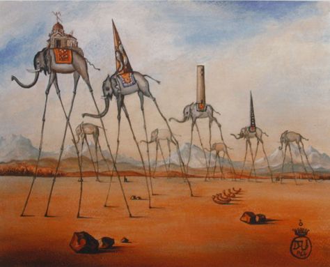 Salvador Dalí - Elephants II Salvador Dali Quotes, Salvador Dali Paintings, Trippy Posters, Salvador Dali Art, Dali Paintings, Dali Art, Personal Investigation, Art Movements, Surrealism Art