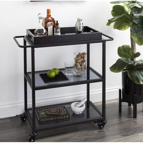 Mercury Row® Creasey Bar Cart & Reviews | Wayfair Alcohol Cart Ideas, Pmu Room, Esthetics Studio, Bar Cart Inspo, Black Bar Cart, Kitchen Utility Cart, Modern Bar Cart, Metal Bar Cart, Kitchen Utility