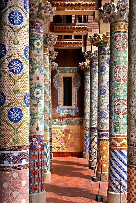 Pillars Architecture, Colorful Balcony, Spanish Mosaic, Catalunya Spain, Byzantine Mosaic, Spain Spanish, Column Design, Spanish House, Top Travel Destinations