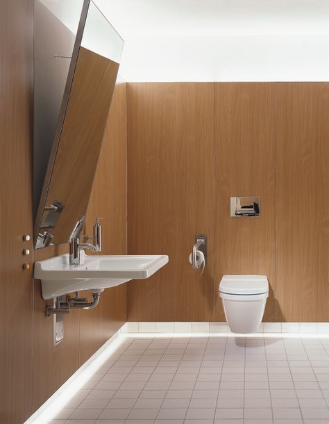 Duravit - Bathroom design series: Starck 3 - washbasins, toilets, bidets and urinals from Duravit. Duravit Bathroom, Bathroom Lino, Ada Bathroom, Portable Bathroom, Restroom Design, Elongated Toilet Seat, Washbasin Design, Accessible Bathroom, Wall Mounted Sink