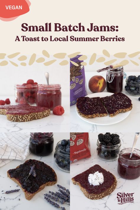 Experience summer with Silver Hills Bakery in Abbotsford, BC—the berry capital of Canada. From tangy red raspberries to juicy BC blueberries and wild blackberries, these jams will pair effortlessly with our sprouted breads and bagels! These easy recipes, like chia refrigerator jams and stovetop stunners, make spreading joy effortless. Plus, enjoy a sunny surprise 5th jam recipe! Pin for later and enjoy a new delicious jam every month this summer! Easy Healthy Dips, Small Batch Jam, Healthy Jam, Refrigerator Jam, Healthiest Nut Butter, Chia Jam Recipe, Healthy Dip Recipes, Wild Blackberries, Raspberry Jam Recipe