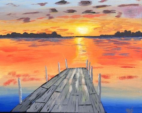 Acrylic painting sunset at the dock Acrylic Painting Sunset, Wine Glass Ideas, Painting Sunset, Painting Easy, Boat Dock, Beginner Painting, Beach Painting, Christmas Wine, Wooden Boats