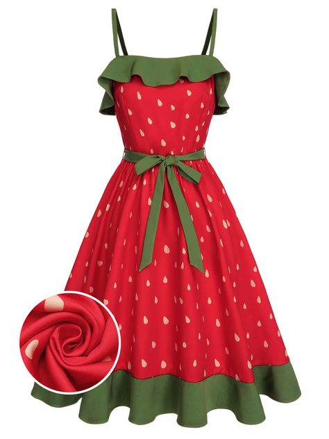 [Pre-Sale] Red 1950s Strawberry Ruffle Belt Dress | Retro Stage Strawberry Stuff, Strawberry Outfit, Short Knit Dress, Retro Stage, Strawberry Dress, Standard Dress, Dress Retro, Belt Dress, Red S