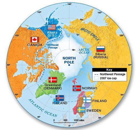 Artic circle  There are seven countries that have significant territory within the Arctic Circle.  United States (Alaska), Canada, Greenland, Norway, Sweden, Finland, Russia.  The nation of Iceland barely grazes the Arctic Circle, with less than one km² of its territory lying north of it. The line crosses or passes south of just a few tiny islets.  Greenland is the only one of these countries with most of its area within the circle, though the vast majority of its population resides south of it. World Map Continents, Norwegian People, Al Kahf, Circle Map, Homeschool Geography, Amazing Maps, Arctic Ocean, Map Globe, The Quran