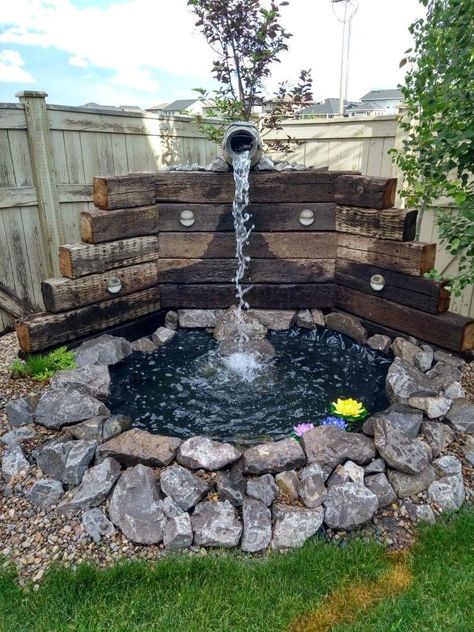 Small Pond And Waterfall Ideas, Yard Fountains Diy, Backyard Water Falls Ideas, Water Features Front Yard, Small Water Feature Ideas, Patio Water Fountain Ideas, Fish Pond Waterfall Ideas, Diy Water Fall Backyard Waterfalls, Water Ponds Ideas Garden Fountains