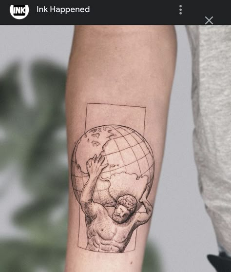 Woman’s Half Sleeve Tattoo Ideas, Atlas Globe Tattoo, Greek Inspired Tattoos Mythology, Atlas Stone Tattoo, Female Atlas Tattoo, Globe Tattoo Men, Atlas Shrugged Tattoo, Atlas Tattoo Minimalist, Greek Myth Tattoo Ideas