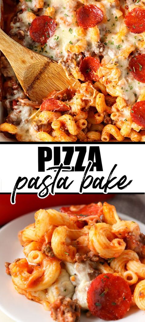 This delicious Pizza Pasta Bake takes everything you love about pizza and puts it into casserole form. Use your favorite toppings - we opt for traditional pepperoni - to make an easy meal that the whole family will love! | www.persnicketyplates.com Pepperoni Pasta Bake, Warming Recipes, Pepperoni Pizza Casserole, Pepperoni Pasta, Persnickety Plates, Pizza Pasta Casserole, Crockpot Desserts, Pizza Pasta Bake, Pepperoni Recipes