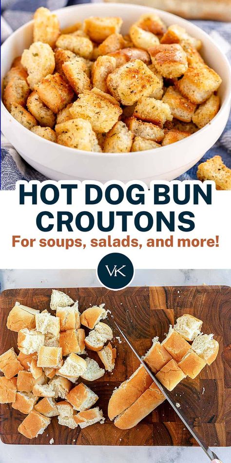 Make use of leftover hot dog buns to make these light and crispy Hot Dog Bun Croutons. They take just minutes to make and are great for topping soups, salads, and more! Leftover Hot Dog Buns, Hot Dog Buns Recipe, How To Make Croutons, Hot Dog Bun, Hot Dog Rolls, Crouton Recipes, Creamy Cauliflower Soup, Roasted Butternut Squash Soup, Newspaper Magazine