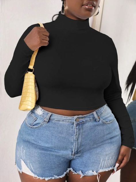 Plus Solid High Neck Crop Tee | SHEIN USA Crop Top Plus Size, Loose Crop Top, Plus Size Crop Tops, Fall Plus Size, Cropped Long Sleeve Top, Sleeveless Turtleneck, Plus Size Kleidung, Shein Style, Swag Outfits