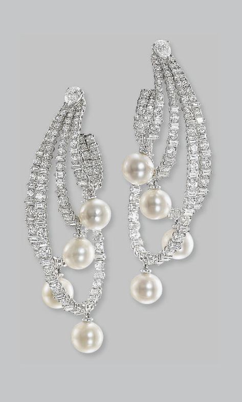 A PAIR OF CULTURED PEARL AND DIAMOND EAR PENDANTS | earrings, cultured pearl | Christie's Jewelry Wardrobe, Large Image, 12 December, Pearl And Lace, Round Stud Earrings, Stunning Jewellery, Dream Jewelry, Ikebana, Cultured Pearls