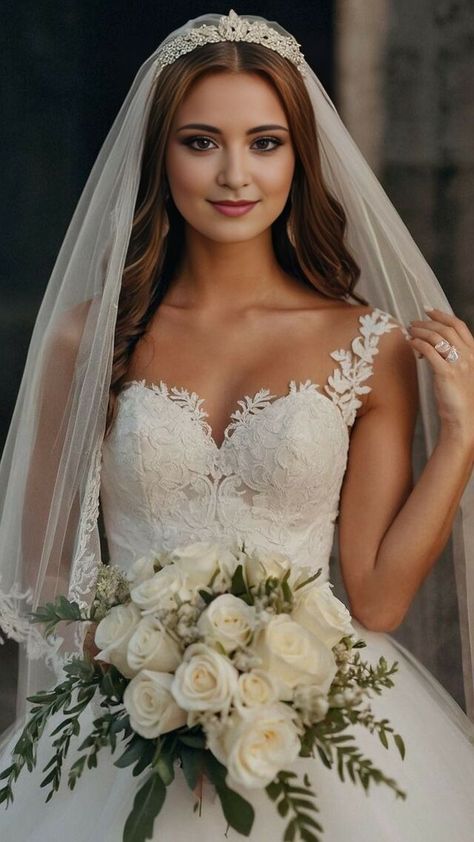 Bridesmaid Hairstyles With Veil, Wedding Hair With Blusher Veil, Wedding Veil On Top Of Head, Wedding Hairstyles With Cathedral Veil, Simple Bride Hairstyles With Veil, Tiara Veil Wedding, Bride Crown Hairstyle, Bridal Tiara Hairstyles, Wedding Hairstyles With Crown And Veil