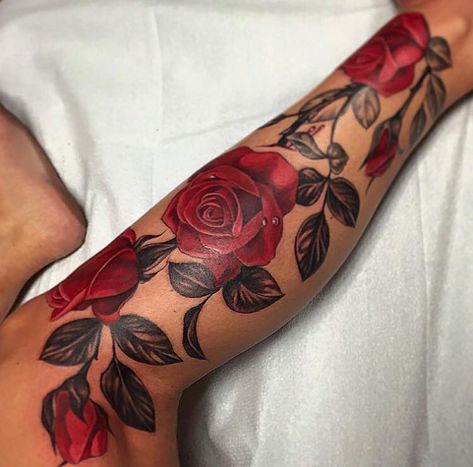 Deep Red Tattoo, Red Rose Tattoo Back, Red And Black Rose Tattoo, Rose Tattoo Red, Rose Sleeve Tattoo, Rose Vine Tattoos, Flower Vine Tattoos, Tattoo Roses, Tattoos Pinterest