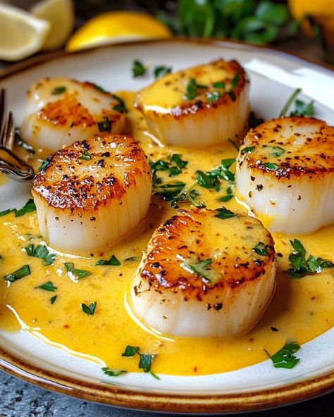 Delight in tender scallops perfectly seared to golden perfection, served with a rich and aromatic saffron cream sauce. Saffron Sauce Recipes, Saffron Cream Sauce, Saffron Sauce, Saffron Cream, Sea Scallops, Scallops Seared, Cream Sauce, Sauce Recipes, Gourmet Recipes