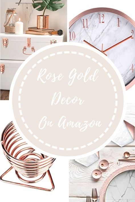 Rose gold decor items on Amazon for the home #rosegold #homedecor #decor vintage rose gold trunk, rose gold clock, beauty sponge holder, rose gold marble coasters, rose gold cannister, rose gold picture frame Rosegold Homedecor, Rose Gold Clock, Rose Gold Home Decor, Rose Gold Picture Frame, Rose Gold Pictures, Gold Wall Clock, Dark Wood Table, Rose Gold Accessories, Gold Clock