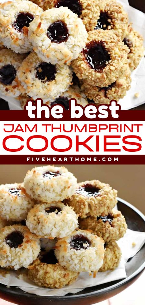 am Thumbprint Cookies are simple and classic cookies that are lightly sweet with an almost shortbread-like texture, a versatile coating of toasty coconut or chopped pecans, and a fruity center of your favorite jelly or jam! Salted Caramel Pretzels, Jam Thumbprint Cookies, Chocolate Chip Shortbread Cookies, Easy To Make Cookies, Salted Caramel Mocha, Christmas Cookie Recipe, Thumbprint Cookies Recipe, Cookie Exchange Party, Toffee Cookies