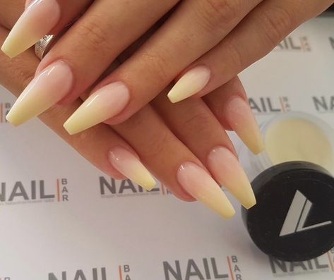 Spring Nails Yellow French, White And Yellow Ombre Nails, Ambre Nails Ombre Yellow, Pastel Yellow Nails Design Spring, Light Yellow Ombre Nails, Yellow White Ombre Nails, Yellow French Tip Nails Coffin, Ombre Yellow Acrylic Nails, Ballerina Nails Yellow