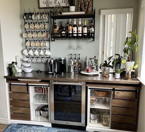 Alcohol Coffee Bar, Combined Coffee And Wine Bar, Coffee Bar And Liquor Bar, Home Drink Station, Coffee And Alcohol Bar, Am Pm Coffee Wine Bar, Coffee And Wine Station, Coffee And Liquor Bar Ideas, Drink Station Home