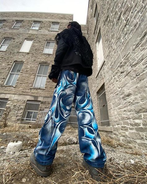 Printed long-sleeve and painted denim pants by @deliriaisdead . . . All SOLD OUT www.deliria.ca . . . #moonbeamexhibitions #1of1 #oneofone #denim #handpainted #paint #painteddenim Diy Denim Pants, Printed Jeans Outfit, Graphic Print Denim Bottoms In Denim Blue, Diy Jeans Paint, Custom Denim Pants, Custom Pants Paint, Painting Jeans Ideas, Custom Jeans Ideas, Painted Denim Pants