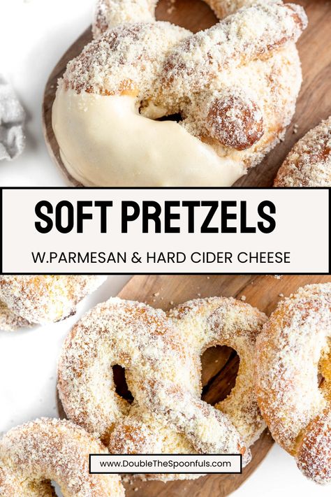 These parmesan soft pretzels with hard cider cheese are the definition of fall football food, and I promise you that you won't be able to have just one. The acidity from the cider and the sharp cheeses creates the best contrast to the pretzels. For more great game day food be sure to follow along. Fall Football Food, Best Soft Pretzel Recipe, Seasoned Pretzels, Pretzel Recipe, Soft Pretzel Recipe, Pretzel Cheese, Pretzel Shape, Baking Soda Water, Homemade Pretzels