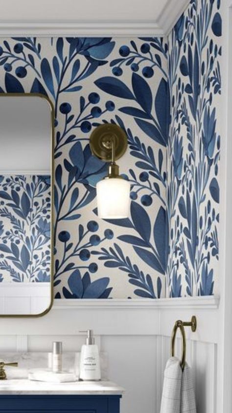 Navy Home Aesthetic, Navy And White Wallpaper Bathroom, Navy Blue Bathroom Wallpaper, Dark Blue Powder Room Ideas, Blue Powder Room Wallpaper, Greek Inspired Bathroom, Small Half Bathroom Ideas Wallpaper, Modern Farmhouse Powder Room Ideas, Blue Master Bath